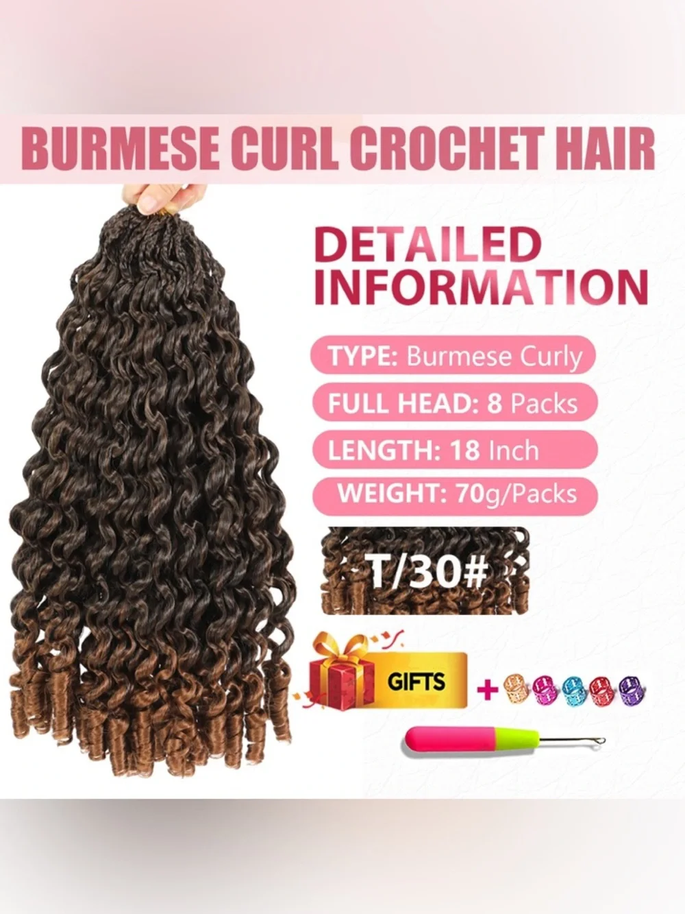 Burmese Curl with Spiral Crochet Hair Curl Ends Soft Protein Fiber- FULL HEAD